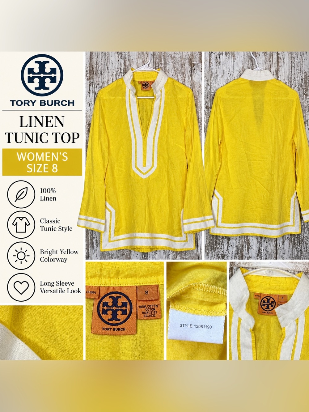 Tory Burch Yellow Linen Tunic Top Women’s Size 8 Long Sleeve Contrast Trim